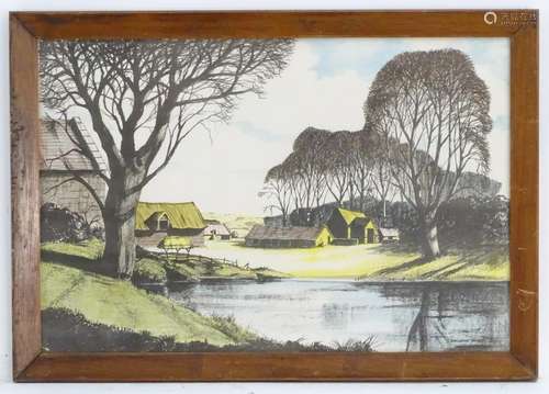 After J Marchbank Salmon (1916-1994), XX, Coloured print, A country landscape with a farm beyond a