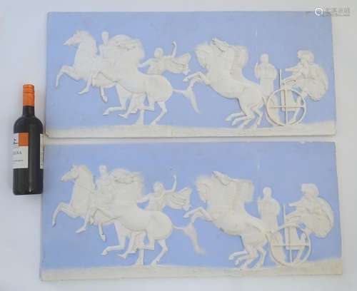 A pair of frieze panels / plaques in the Wedgwood Jasperware style with relief decoration