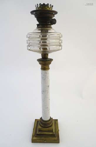 Lighting: an early-20thC oil table lamp, with Messenger's Patent Duplex burner, the clear glass