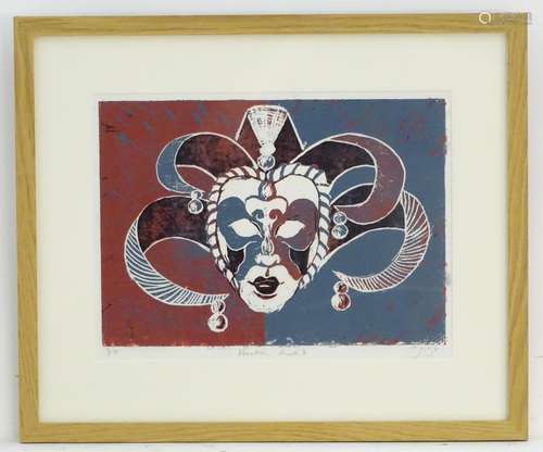 Liz Judge, XX, Limited edition woodcut, no. 3/8, Venetian Mask 3. Signed titled and numbered