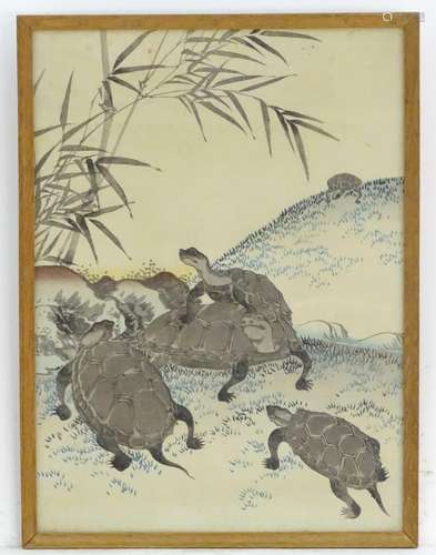 A 19thC Oriental hand coloured print depicting turtles and bamboo in a landscape. Approx. 16 1/2