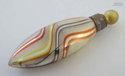 Glass: a 20thC Venetian glass scent bottle, decorated with waved bands of silver, red and purple. 3