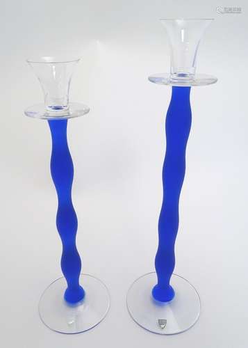 Orrefors Sweden : Two glass Celeste design candlesticks by Anne Nilsson. The tallest 16'' high