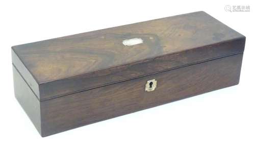 A 19thC mahogany glove box of rectangular form with inlaid mother of pearl detail. Approx. 3