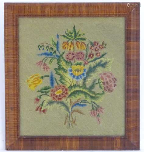 A late 19th / early 20thC needlework /embroidery / tapestry sample depicting flowers and foliage.