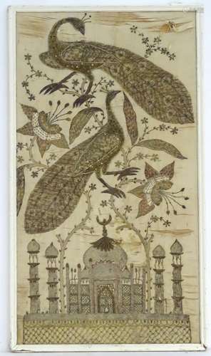 An embroidered silk panel depicting the Hindu temple, the Taj Mahal, and two large quilted