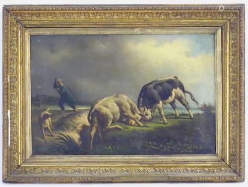 After Jacques-Raymond Brascassat (1804 - 1867), XIX-XX, Oil on canvas, Lutte de Taureaux / A Bull