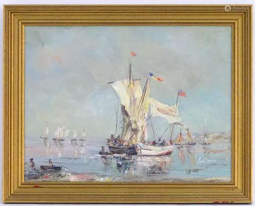 Ambrose, XX, Marine School, Oil on canvas, A coastal scene with sailing boats and rowing boats