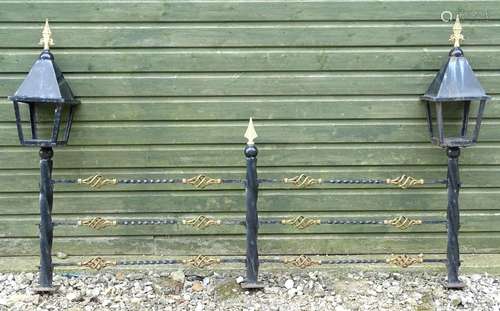 Garden & Architectural, Salvage: a 20thC wrought iron gatehouse railing screen, the endpoles