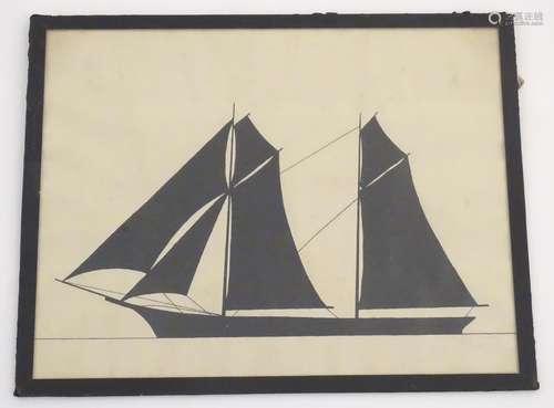 An early 20thC depiction of a sailing boat in silhouette. Approx. 9