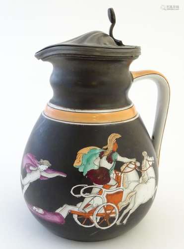 An English 19thC lidded jug, decorated with classical scenes on a black ground, depicting the combat