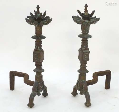 Garden & Architectural, Salvage: a pair of 19thC cast iron and bronze fire dogs, the columns