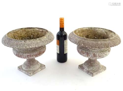 Garden & Architectural, Salvage: a pair of garden pillar urns, with patinated finish, 10