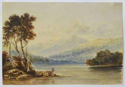 Indistinctly monogrammed, XIX, Watercolour, A mountainous landscape scene with an angler fishing