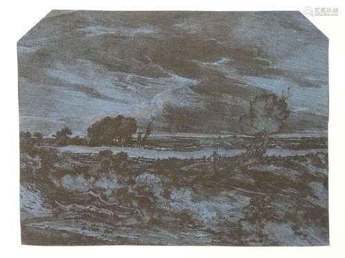 After David Cox (1783-1859), XIX, Old Master print on blue laid paper, Riverscape, A landscape scene