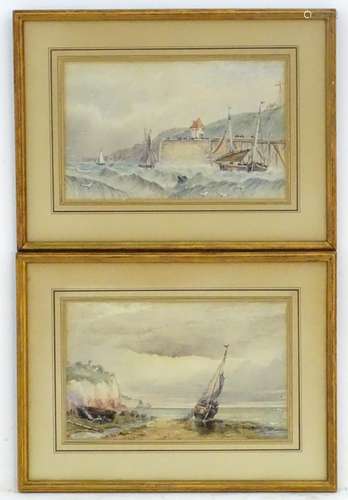 XX, Marine School, Watercolours, a pair, A coastal scene with a moored fishing boat and figures