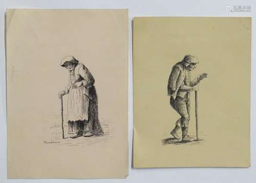 After Rembrandt van Rijn (1606-1669), Etchings, x2, A portrait of an old man with a stick, & A