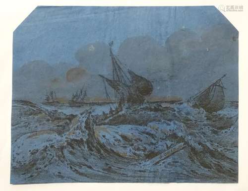 After Samuel Owen (1768-1857), XIX, Old Master lithographic print on blue laid paper, Shipwreck, A