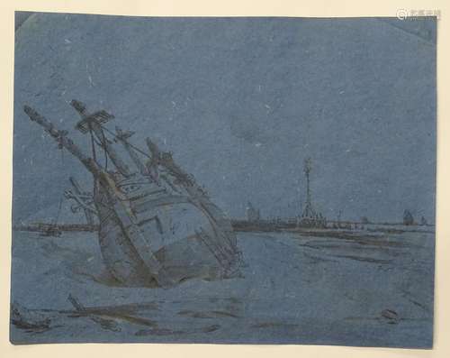 After Samuel Owen (1768-1857), XIX, Old Master lithographic print on blue laid paper, Marine Hulk, A