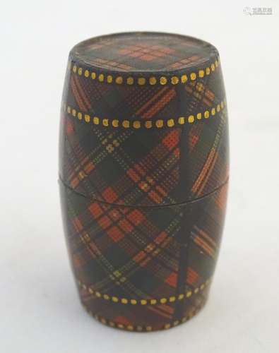 A 19thC tartan ware thimble box / barrel, marked Prince Charles to top. Approx. 1 3/4