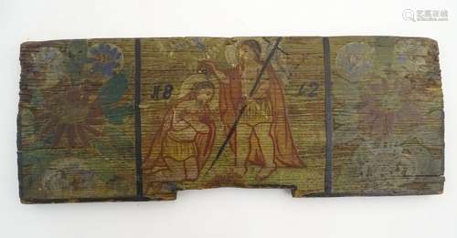 A 19thC wooden frieze panel depicting the baptism of Christ, with John the Baptist and Jesus