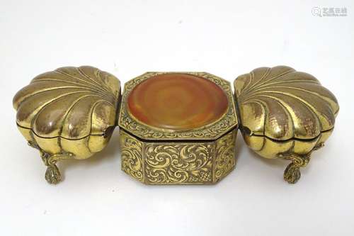 An 18th / 19thC Continental three sectional gilded box / table snuff, the central section with