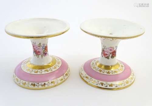 Two Copeland dish stands decorated with flowers and foliage, with banded decoration to the base with