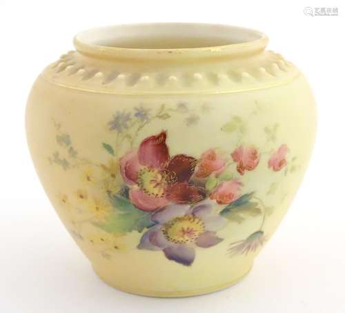 A Royal Worcester blush ivory vase with floral decoration and gilt highlights. Marked under. Approx.