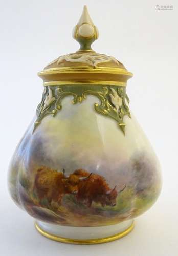 A Royal Worcester pot pourri pot and cover, the body having hand painted decoration depicting