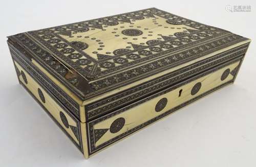 A 19thC ivory and Vizagapatam hinged box of rectangular form with inlaid micromosaic decoration.