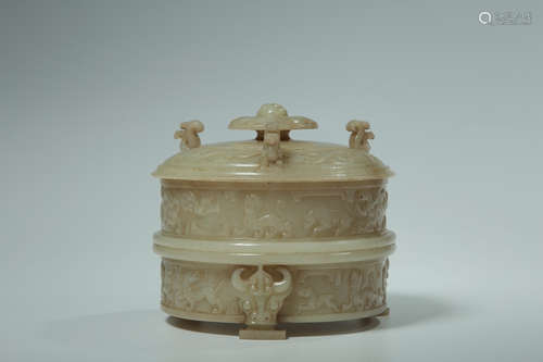 CHINESE CARVED HETIAN JADE CENSER W/ COVER