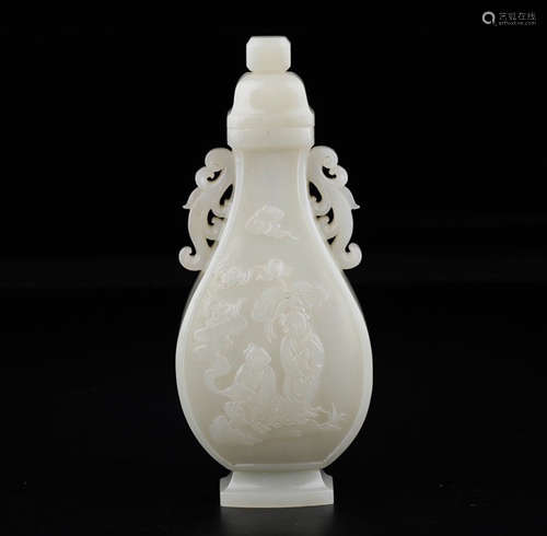 CHINESE CARVED HETIAN JADE VASE W/ COVER