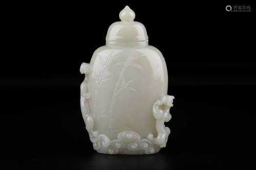 CHINESE CARVED HETIAN JADE DRAGON VASE W/ COVER