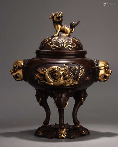 QIANLONG MARK, CHINESE GILT BRONZE TRIPOD CENSER