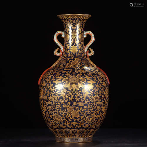 QIANLONG MARK, CHINESE GILT JI-BLUE GLAZED VASE