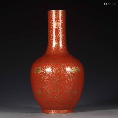 QIANLONG MARK, CHINESE GLIT IRON-RED GLAZED VASE