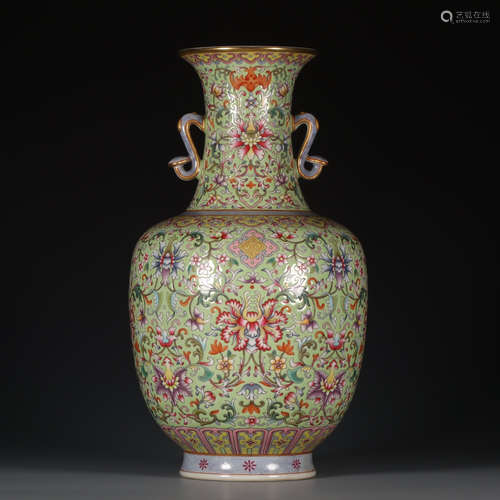 QIANLONG MARK, CHINESE GREEN GROUND FAMILLE ROSE VASE