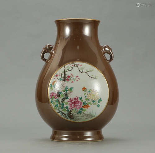 QIANLONG MARK, CHINESE GILT PURPLE GLAZED FAMILLE ROSE BIRD VASE