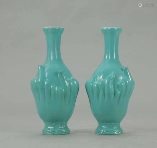 QIANLONG MARK, PAIR OF CHINESE LVSONG GLAZED ORNAMENT