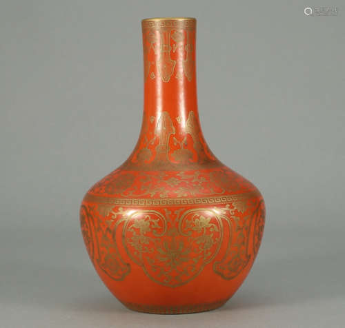 QIANLONG MARK, CHINESE GILT IRON-RED GLAZED VASE