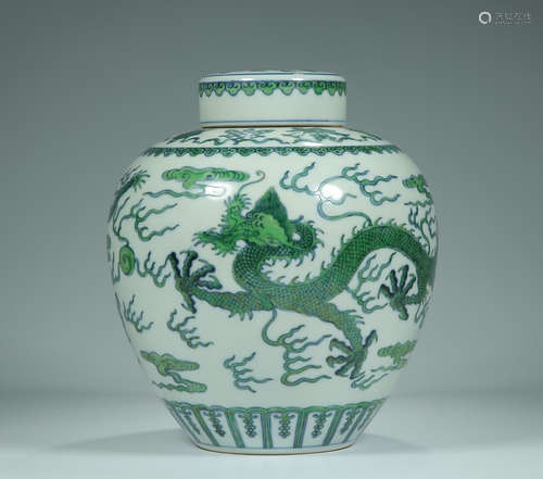 QIANLONG MARK, CHINESE GREEN GLAZED DRAGON JAR