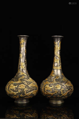 PAIR OF CHINESE GILT SILVER DRAGON VASE