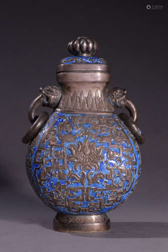 CHINESE BLUE COLORED  SILVER VASE