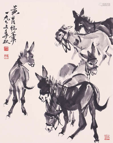 黃胄 群驢圖 設色紙本 立軸