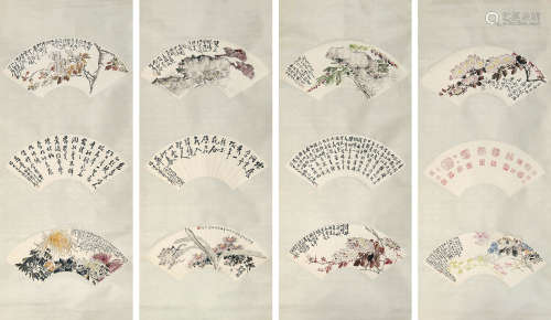 谢公展(1885-1940)   经亨颐(1877-1938) 诗书画印四屏 纸本设色 立轴