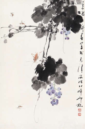 萧  朗（1917-2010） 葡萄草虫 纸本设色 立轴