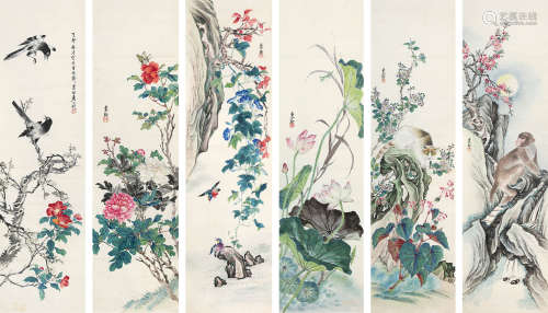 侯秉衡（1865-1946） 花鸟六屏 纸本设色 软片