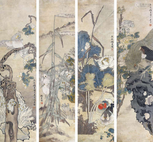 任  薰（1835-1893） 花鸟四屏 纸本设色 镜框