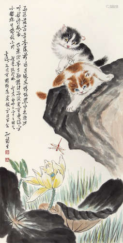 孙菊生(1913-2018) 猫趣图 纸本设色 立轴
