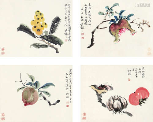 竹  禅（1824-1901） 花卉四挖 纸本设色 立轴